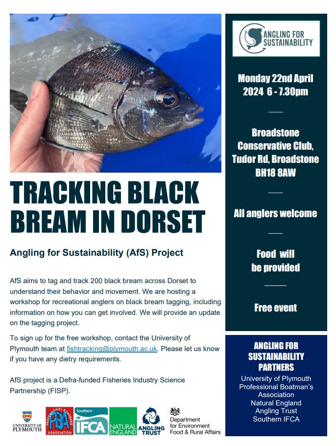 Sign up for our free workshop about black bream tracking on 22 April 2024 at 6pm. Book your place by emailing fishtracking@plymouth.ac.uk.  

#AnglingforSustainability