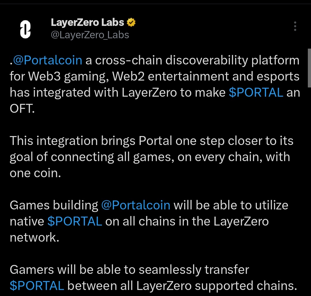 CryptoStarLigh1's tweet photo. 😱😱پشمام این الان دیدم @Portalcoin با @LayerZero_Labs چند وقت پیش پارتنر شده و قرار اون 200 بازی بزرگی که با پرتال کار میکنن رو شبکه لایرزیرو روی همه چین ها ادغام بشن و بشه آیتم های داخل بازیشون با توکن $Portal خرید .🔥🚀

خیلی فوق‌العاده ست

🔁♥️ لایک و ریت بزنید همه ببینن 😱🔥 https://t.co/5r77nPdNex