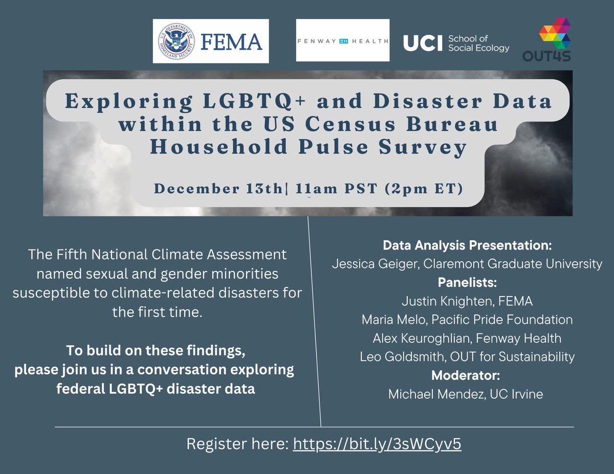 We invite you to a Webinar on "Amplified Harm: LGBTQ+ Disaster Displacement," December 13th at 11 am PST, in collaboration with the Federal Emergency Management Agency (FEMA) and other disaster experts.