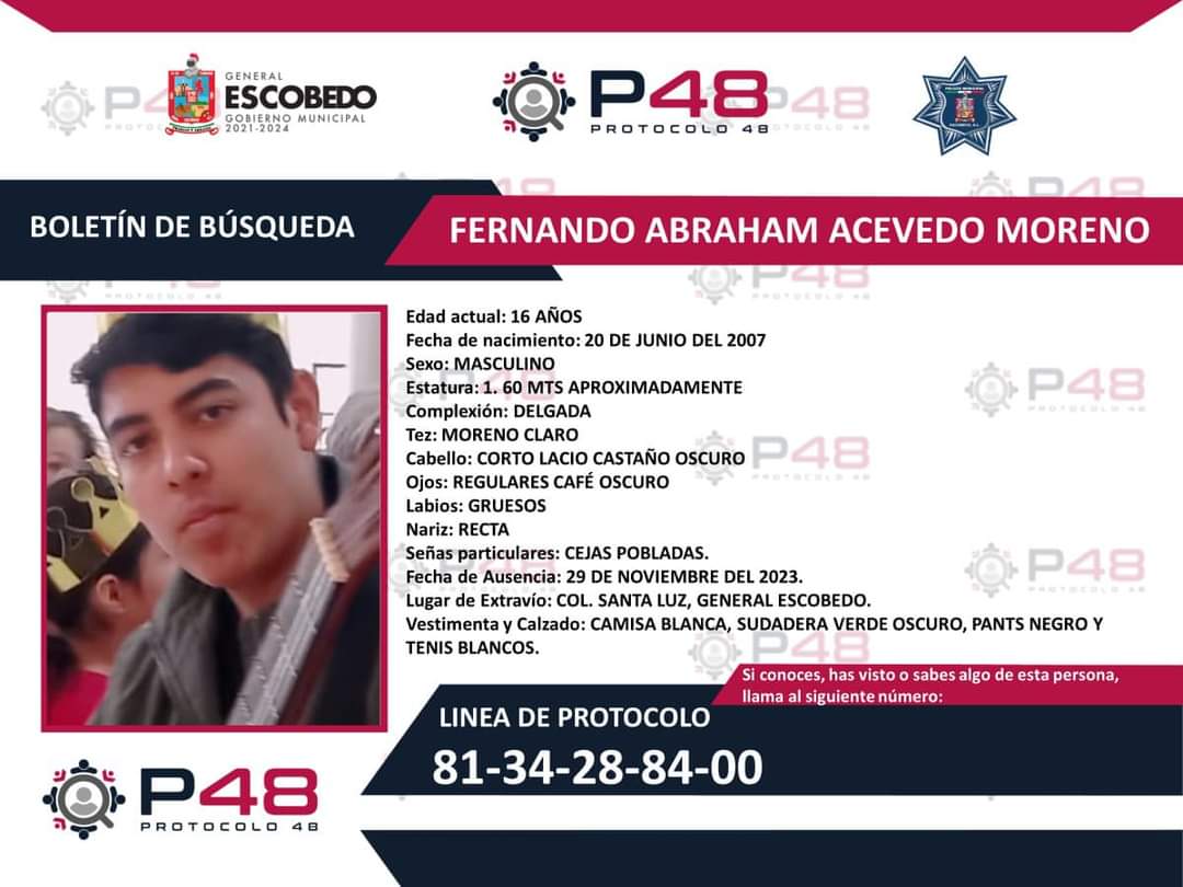 horaceroweb's tweet photo. ⚠️ #ALERTA: Solicitamos el apoyo de la ciudadanía de #Escobedo, #NuevoLeón para localizar a Fernando Abraham Acevedo Moreno de 16 años.
Cualquier información que se tenga, favor de comunicarse al:
☎️ 81 3428 8400
#protocolo48
#Comparte #Ayuda https://t.co/AhSZld1zl5