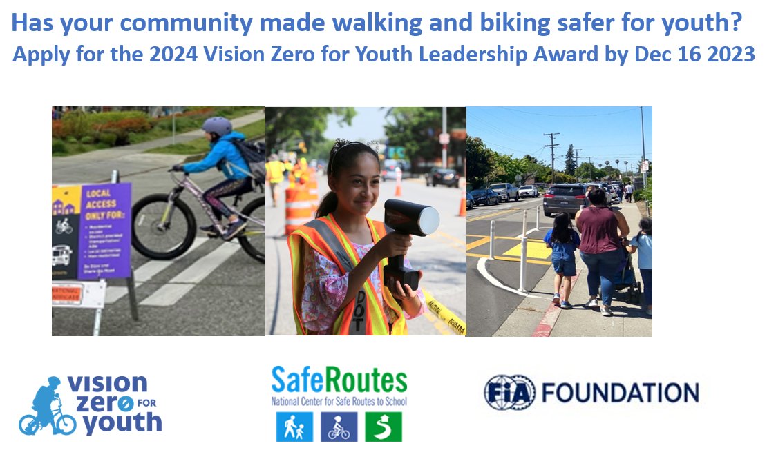 The 2024 #VisionZero for Youth Leadership Award aims to recognize U.S. communities making streets safer where youth walk & bike. Nominations due 12/16 visionzeroforyouth.org/awards/US @FIAFdn