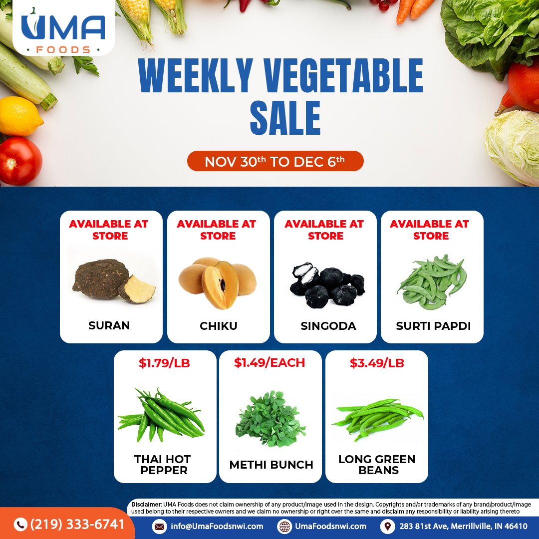 Don't miss our weekly vegetable sale! Grab your favorites now at amazing prices.

👉 𝐒𝐚𝐥𝐞 𝐟𝐫𝐨𝐦 𝗡𝗼𝘃 𝟑𝟎𝐭𝐡 - 𝐃𝐞𝐜 𝟎𝟔𝐭𝐡👈

#vegetablesale #freshvegetables #veggies #weeklysales #WeekendSale #WeekendDeal #grocery #groceries #grocerystore #groceryshopping