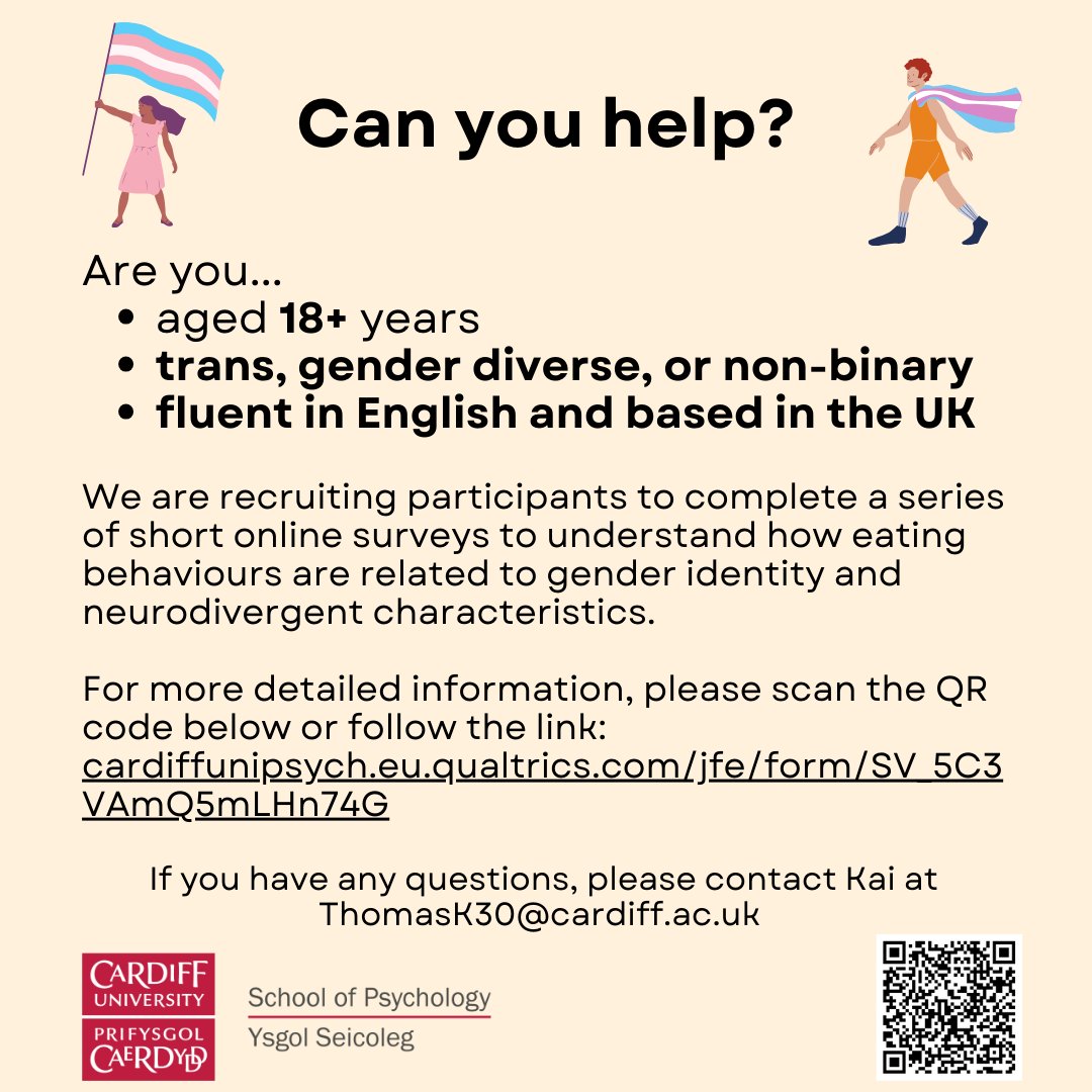 Kai Thomas (@drkaithomas95) on Twitter photo Call for participants! 🏳️⚧️ We're hoping to understand more about how neurodivergent traits are associated with eating behaviours in trans and gender diverse people in the UK.
Please share with your networks if you can.
The survey can be accessed here: cardiffunipsych.eu.qualtrics.com/jfe/form/SV_5C… Call for participants! 🏳️⚧️ We're hoping to understand more about how neurodivergent traits are associated with eating behaviours in trans and gender diverse people in the UK.
Please share with your networks if you can.
The survey can be accessed here: cardiffunipsych.eu.qualtrics.com/jfe/form/SV_5C…