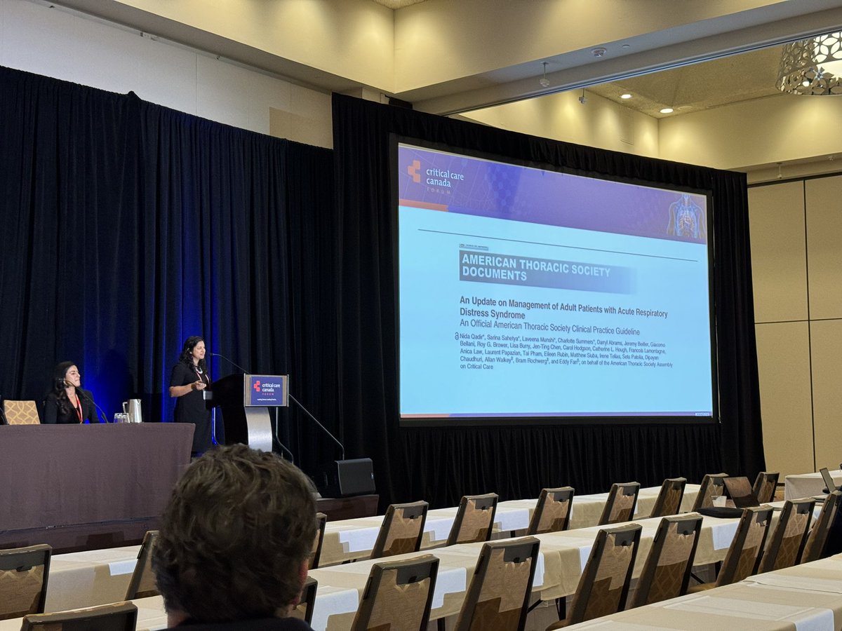 @NidaQadirMD and @SarinaKS present the updated @atscommunity #ARDS guidelines - focused on #PEEP #ECMO #steroids #NMBA - available online in @ATSBlueEditor today #CCCF2023