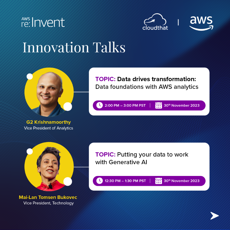 cloudthat's tweet photo. Exciting Day 4 at @awscloud re:Invent! From an enlightening keynote with @Werner to compelling Innovation Talks, we're bringing you the latest insights. Stay tuned for live updates!
@adamse 
#aws #awsreinvent2023 #reinvent #machinelearning #awsprogramming #lasvegas #replay