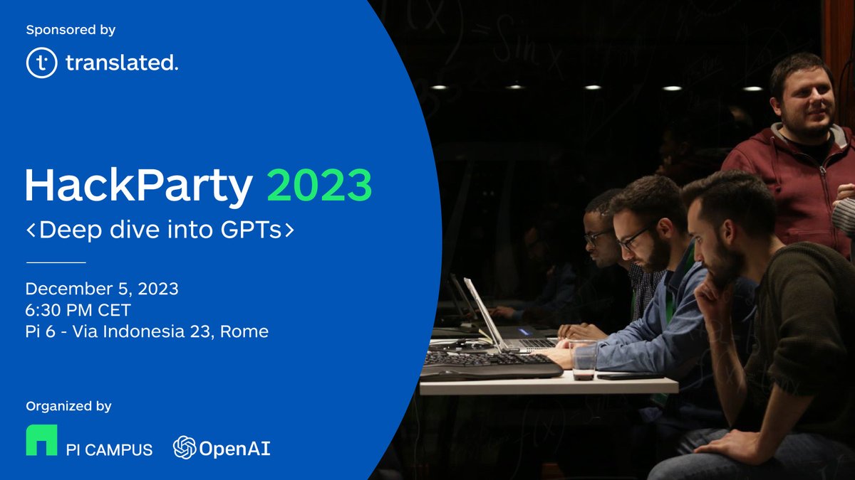 Translation's tweet photo. 🌟 We're proud to host the 2023 @PiCampusRome  #HackParty at our home base. The event will explore the state of the art in Large Language Models (#LLMs) thanks to a unique contribution from @OpenAI. To learn more about the HackParty, visit https://t.co/ckzyqTd3ZB https://t.co/ZNGONRfyI6
