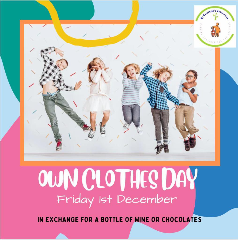 St_Caths_PTA's tweet photo. Gentle reminder that it’s own clothes day tomorrow - in exchange for a bottle or chocolates for our Christmas tombola. https://t.co/VS51kUtAaB