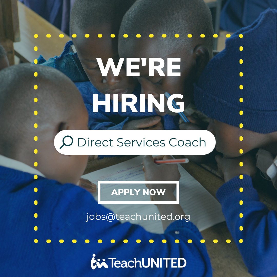 TeachUNITED is looking for a talented and passionate Direct Services Coach to train teachers at partner schools in the TeachUNITED program in Nairobi, Kenya! 

Full job description and instructions for applying here: bit.ly/3SYX3C3

#JoinOurTeam #Hiring #JobOpportunity