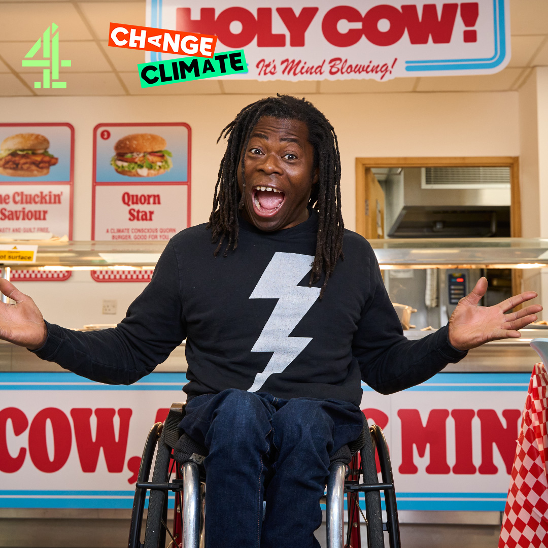 Channel4's tweet photo. .@AdeAdepitan takes a disruptive look at the impact of our diet on climate change and asks... does eating chicken instead of beef reduce our impact on the climate? 

Watch The Big British Beef Battle live tonight at 8pm or stream on Channel 4. #ChangeClimate https://t.co/cHQM6UO0CT