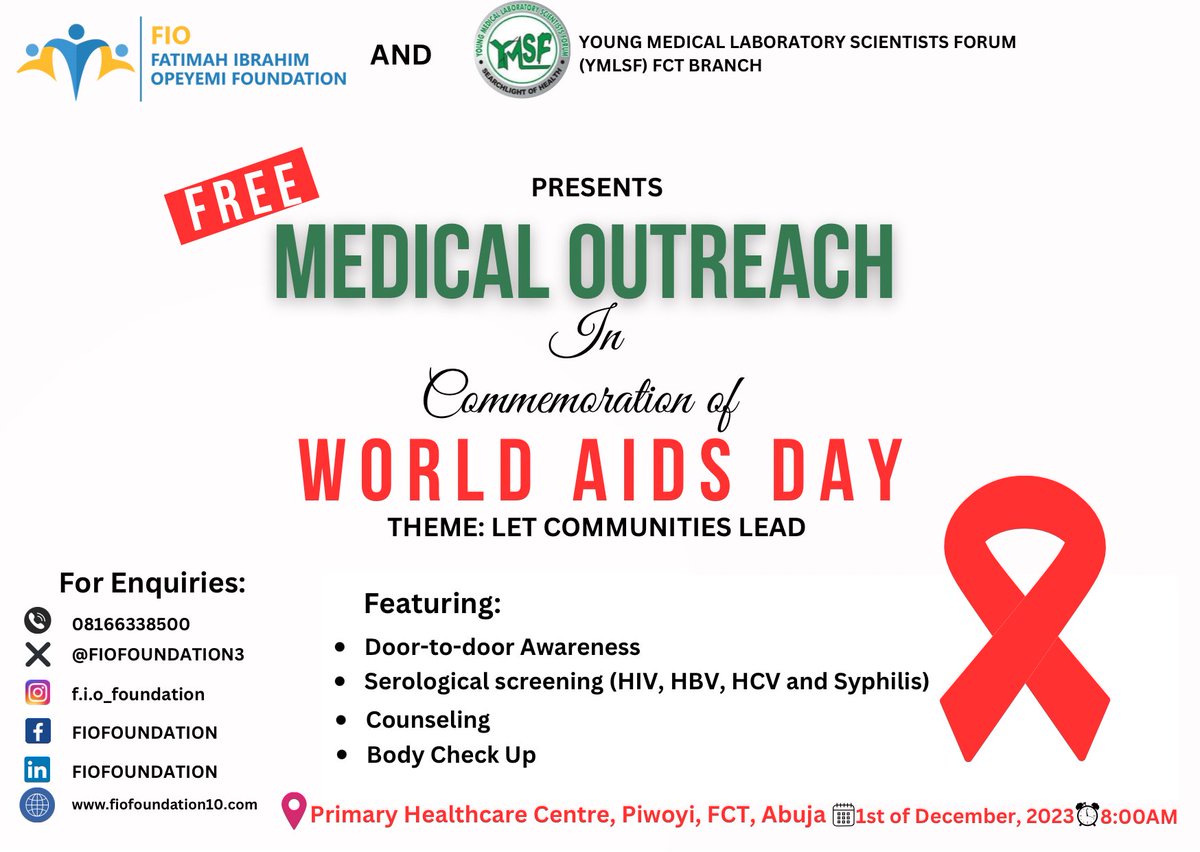 FIOFOUNDATION3's tweet photo. FIO FOUNDATION COMMEMORATES THE WORLD AIDS DAY 2023.
FIO Foundation in partnership with the Young Medical Laboratory Scientists Forum (YMLSF) @YMLSFFCT FCT Branch presents a Free Medical Outreach to commemorate World AIDS Day 2023.
#fiofoundation #ymlsf
#worldaidsday2023 https://t.co/5jsuTzirDv