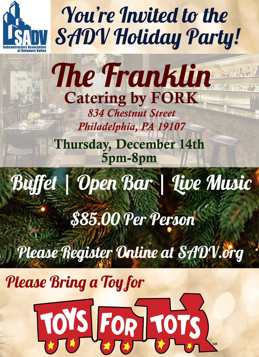 SadvPhilly's tweet photo. The SADV 2023 Holiday Party is on December 14th from 5-8pm at The Franklin and catered by FORK restaurant!! Open Bar and Buffet are included. 

Bring your whole office, your significant other and celebrate the holidays with us! 

Register online here https://t.co/XscTuy4Q4F https://t.co/66iDTxFf6b