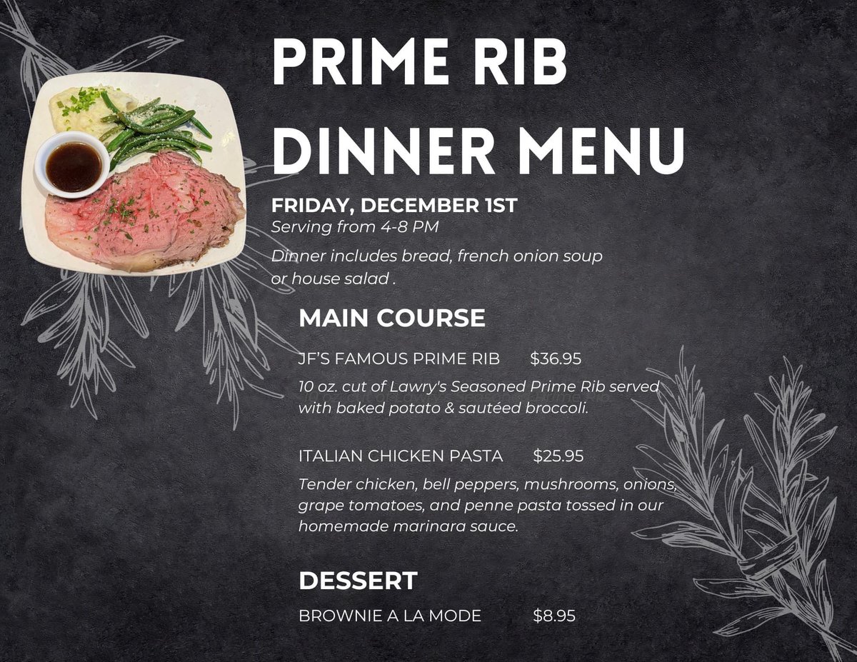 Join us this Friday for our Famous Prime Rib Night! Reservations available but limited! Call now to reserve your table! 🍽🥩 352-522-0309