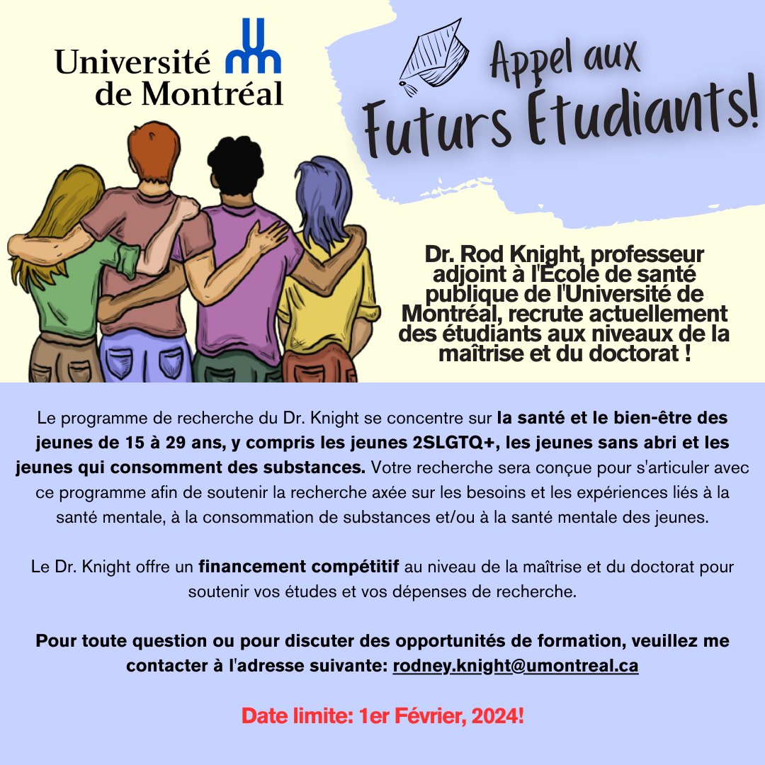 Je recrute actuellement des étudiants aux niveaux de la maîtrise et du doctorat à @ESPUM_UdeM qui s'intéressent à la santé des jeunes! La date limite est le 1er Février, 2024