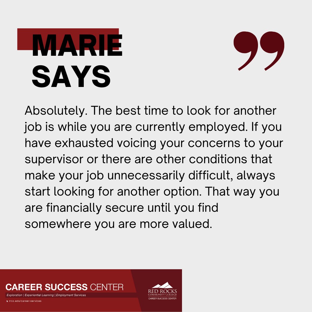 RRCC_CSC's tweet photo. Marie Martin is answering your #AskanAdvisor questions!

You asked:
Is it okay to leave a job that doesn't treat me well or where I am unhappy?

See what she has to say!

Stop by the CSC or set up an appointment to meet with Jennifer, Marie, or Evan for all your advising needs! https://t.co/NeYUEzzY5O