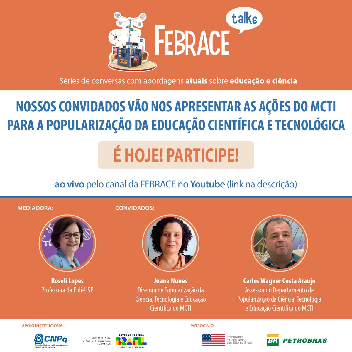 febrace's tweet photo. 📢#FEBRACETalks é hoje (30/11), das 17h às 18h!
O tema será "Educação Científica e Tecnológica: como popularizar e disseminar a ciência em escolas da educação básica e técnica?"
Confira acessando o canal da #FEBRACE no YouTube:
🔗https://t.co/H1r663e3b0
Participe!
@gov_MCTI https://t.co/oVUnMDlkQw