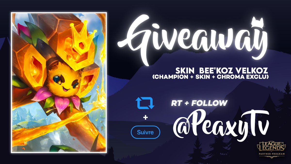 Instant #Giveaway grâce au #LeaguePartner !

🎁 5 Skins Bee'Koz Vel'Koz à Gagner (Champion + Skin + Chroma Exclusif)

🔁RT ce tweet
✅Follow <a href="/PeaxyTV/">Peaxy ❀˖°</a>

TAS prévu le 24 Decembre, bonne chance à tous !
5 autres codes à gagner sur twitch.tv/peaxy