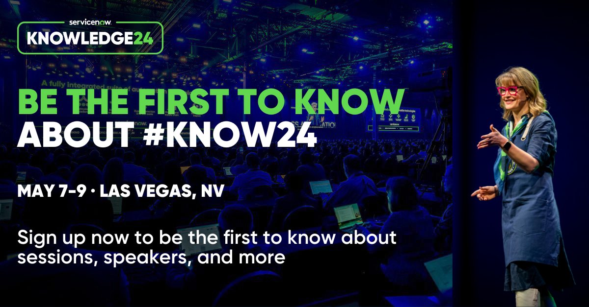 accaouipro's tweet photo. Sign up to be the first to know when ServiceNow's Knowledge 2024 registration opens! https://t.co/EnBnc92pmJ https://t.co/wDS5qDDVq1