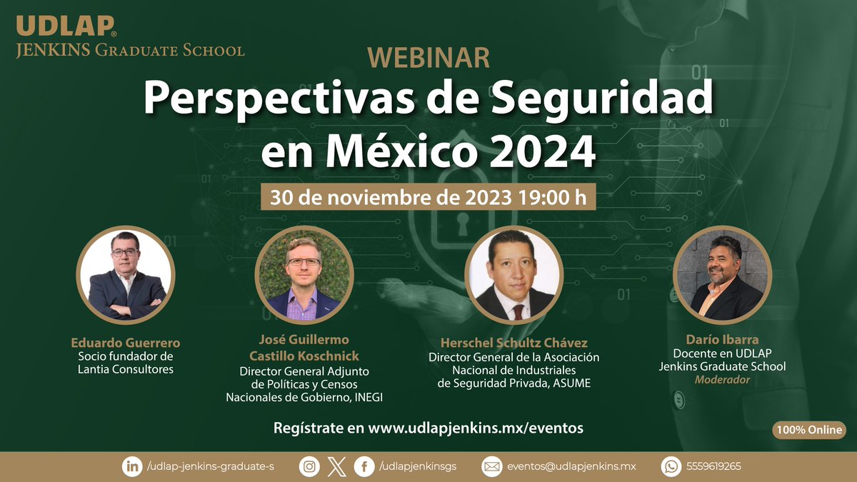 No te pierdas el #webinar Perspectivas de la Seguridad en México 2024.

📅 30 de noviembre 2023 
⏰ 19:00 h (tiempo del Centro de México)
💻 100% Online

Registrate en udlapjenkins.mx/eventos