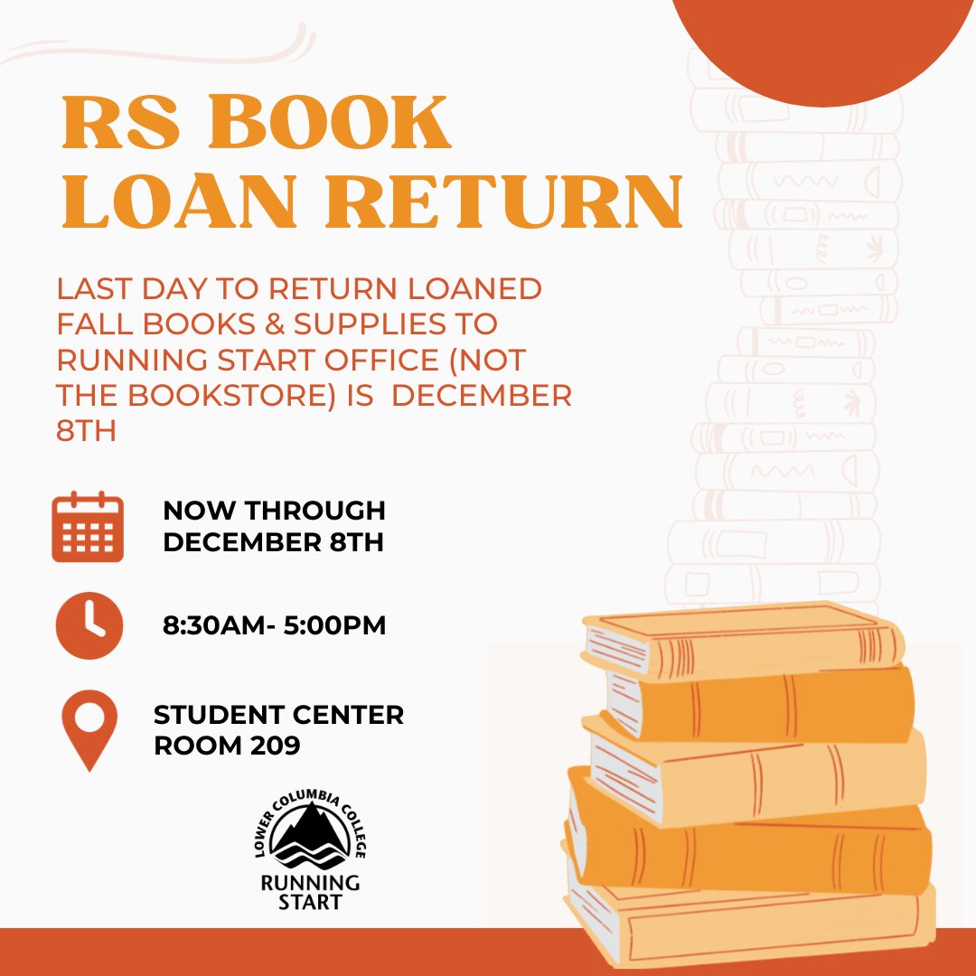 LCCRunningStart's tweet photo. Were you loaned books from the Running Start Office for Fall Quarter? Return your borrowed books and supplies to the Running Start Office (not the bookstore) by December 8th. #lowercolumbiacollege #lccrunningstart https://t.co/cLdIQiDN3L