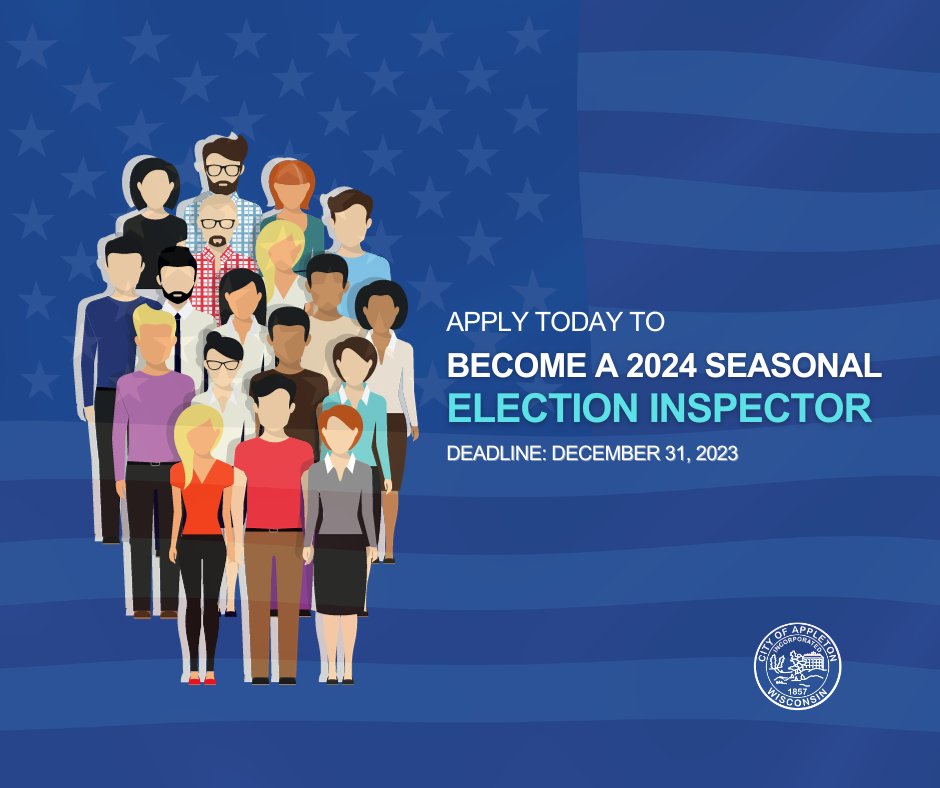 🗳 Join us as a 2024 Seasonal Election Inspector 👉 Apply before year-end: governmentjobs.com/careers/applet… 💰 Hourly pay, flexible shifts, and paid training available. 📞 Questions? Call (920) 832-6447. 🗓️ Key Election Dates: ✅ Feb 20 ✅ Apr 2 ✅ Aug 13 ✅ Nov 5 #cityofappleton