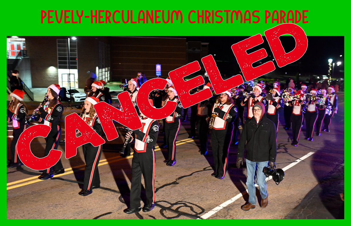 Tonight's Pevely-Herculaneum Christmas Parade has been canceled due to weather. They appreciate everyone's effort to make this a great event and hope you join them next year. @DrClintFreeman @JoeFWillis @BlackcatBands @HHSBlackcats @SennThomasMS @MsKatieDunlap @DunklinTaylor