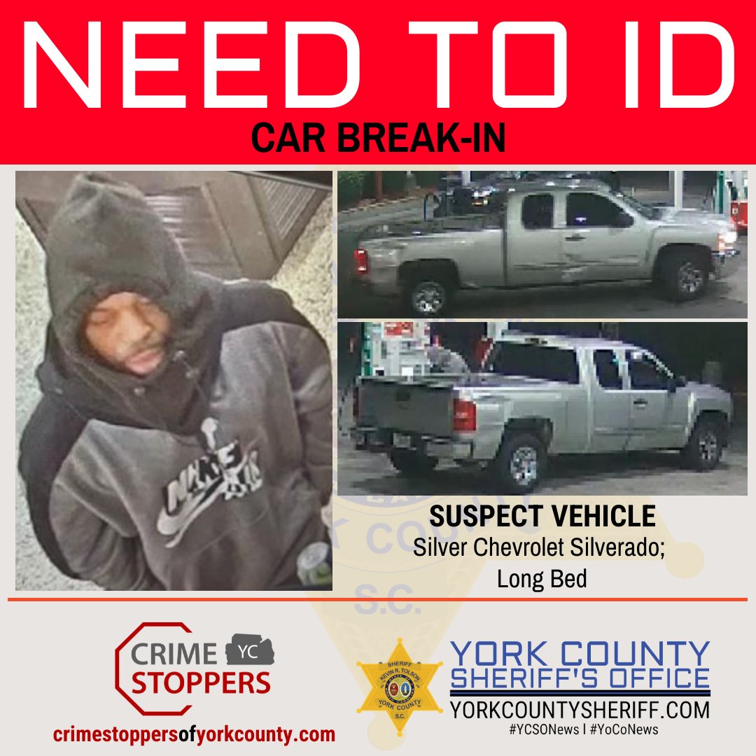 NEED TO ID: The pictured suspect, along with another person that is not pictured, broke into several vehicles at Narroway Productions, located at 3327 Hwy. 51, Fort Mill, SC, between 8:20 p.m. and 9:40 p.m. on November 26th. #CrimeStoppers #YCSONews