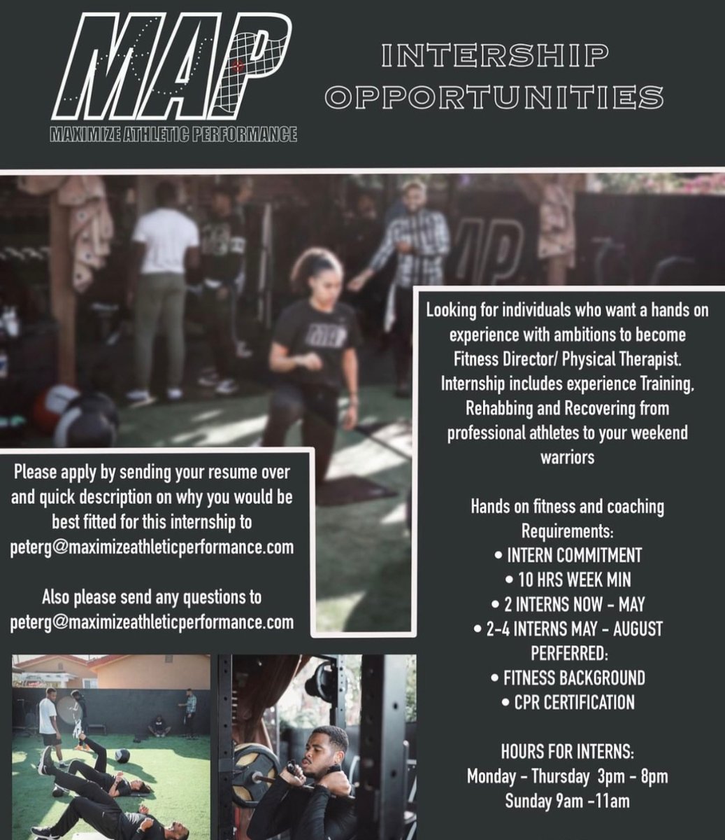 MaximizeAP's tweet photo. Internship Opportunity 👨‍🎓

Want Hands on experience? Want to Learn how to operate a fitness center and recovery facility? Interested in how we built programs and train individuals? 

Apply to our Internship program for winter! Please contact us with your resume! #mapfam https://t.co/HpzK80wu7M