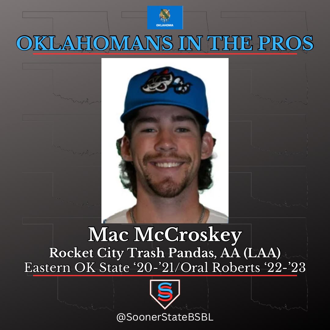 OKLAHOMANS IN THE PROS

Mac McCroskey (2B), Rocket City Trash Pandas, AA (LAA)

Eastern OK State ‘20-‘21/ORU ‘22-‘23

2023 Stats: G 45, .231/.344/.269, .613 OPS, 3 2B, 18 RBIs

- Drafted 20th round ‘23 draft
- Played all but 4 games at AA in ‘23