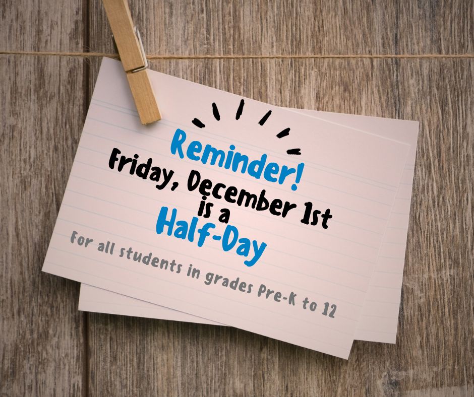 DepewUfsd's tweet photo. A reminder to our district families:
Tomorrow, December 1, is a half-day for all students in grades Pre-K to 12. Parent-teacher conferences will be held in the afternoon at all schools.
Breakfast and lunch will be served before dismissal. https://t.co/gMLJP7NtvY