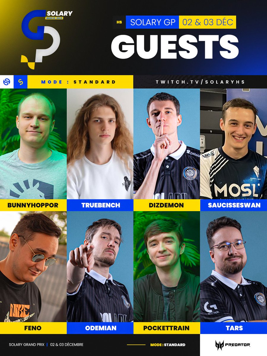 SolaryTV's tweet photo. Le dernier Grand Prix de l'année by @PredatorFrance se devait d'être exceptionnel 🫡🏆

@TL_Bunnyhoppor l Champion du Monde
@FenoHS l Double champion Solary Party
@Tars_HS l 180K sur TikTok
@TruebenchHS l Champion du dernier GP
@OdemianHS l Perma Légende EU
@DizdemonHS l Vainqueur Arma Cup 3 (2017)
@pocket_train l Vainqueur Fall Championship (2023)
@SaucisseSwan l Vainqueur de la LouvardGame