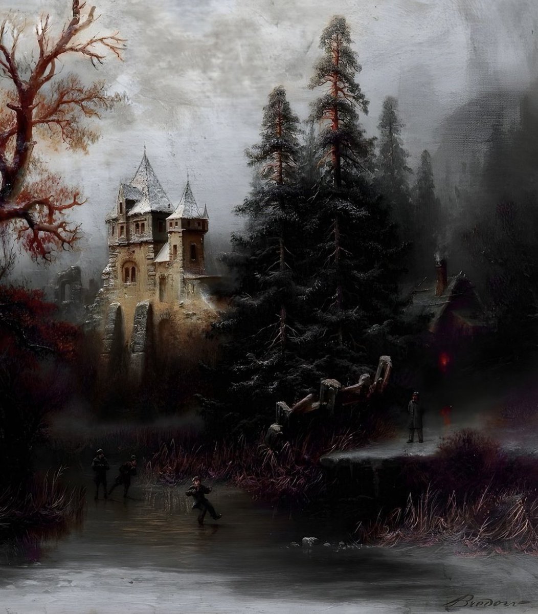 Romantic Winter Landscape with Ice Skaters by a Castle by Albert Bredow (1828-1899)