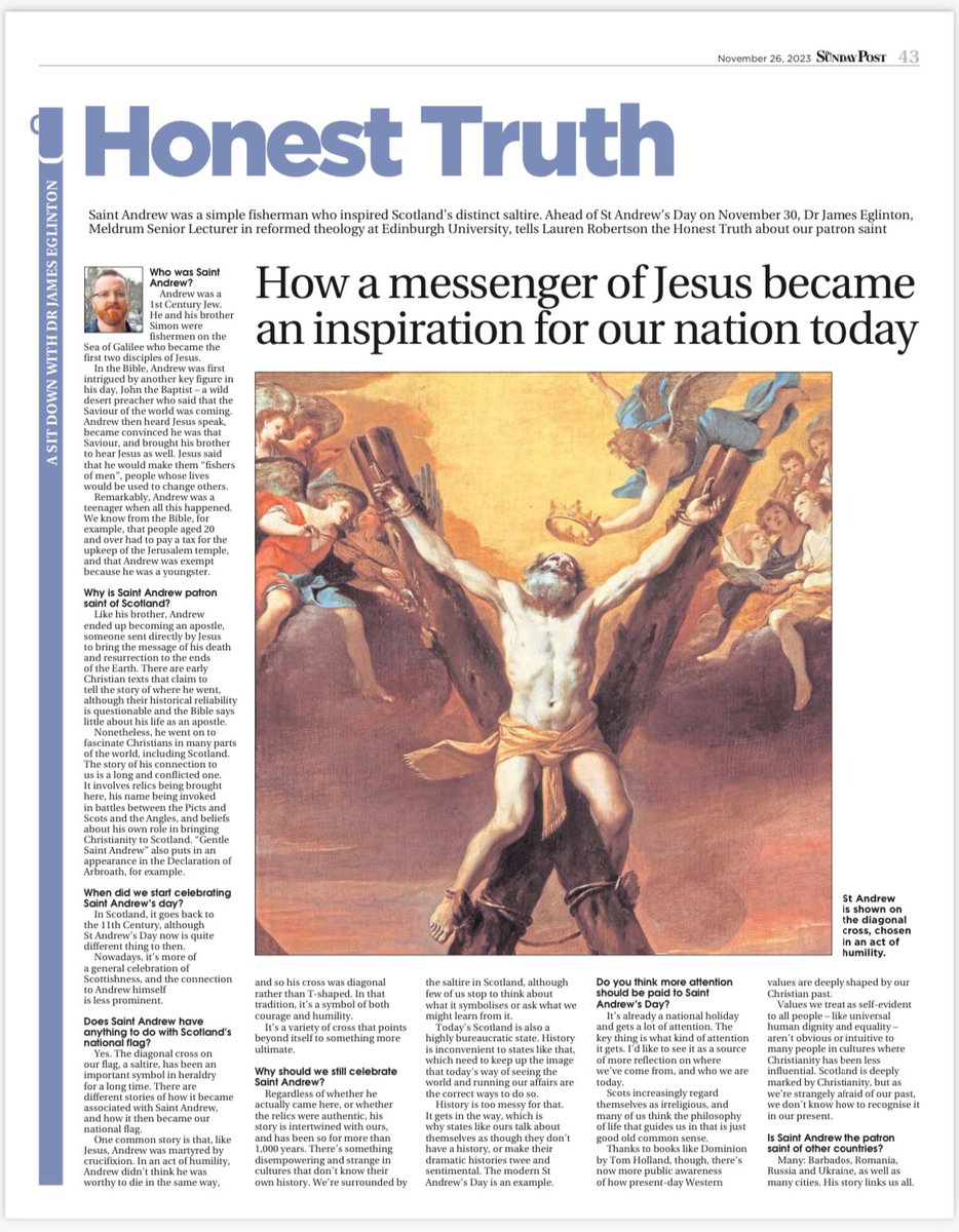 Happy St Andrew’s Day. Here’s my interview from last weekend’s <a href="/Sunday_Post/">The Sunday Post</a> on why his story is worth reflecting on today (also with a <a href="/holland_tom/">Tom Holland</a> shout out) 👇🏻