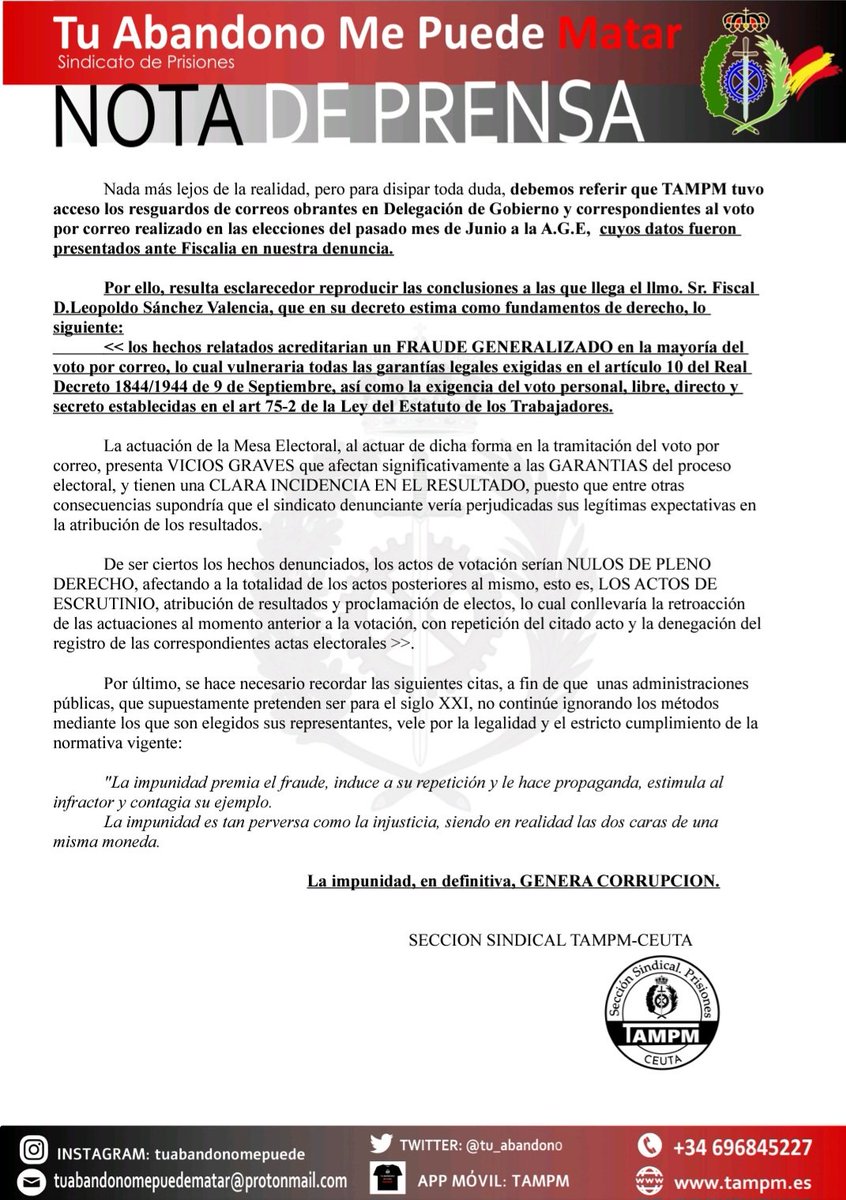 tampmceuta's tweet photo. ❌️CORRUPCION ELECCIONES  SINDICALES en #Ceuta 
🔴Tras  denuncia ante  FISCALIA #TAMPM el pasado #Junio por el fraude en el voto por  correo de la organización  subvencionada CSIF
✅️CCOO  denuncia el intento de ADULTERAR el proceso electoral hoy 30/Noviembre .
☑️NOTA PRENSA https://t.co/LWzOQzOA2p