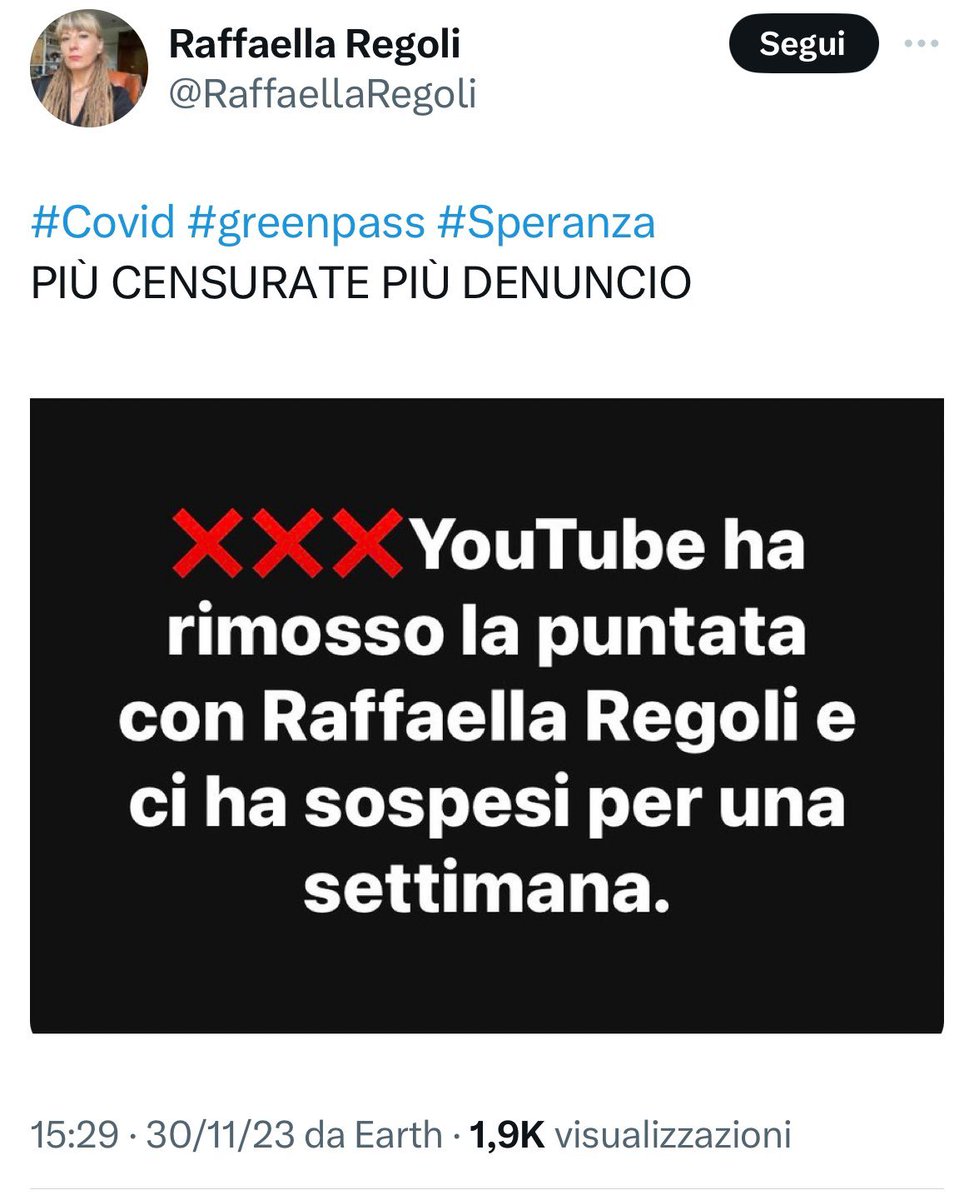 AlanPanassiti's tweet photo. Periodo duro per la #disinformazione
Anche #RaffaellaRegoli ha visto cancellato da #youtube la puntata su #Speranza e il #greenpass 

#Sospesa per una settimana, come il suo libro alla III edizione con nuove inchieste (va beh).

"Più censurate, più denuncio": e noi segnaliamo! https://t.co/nHAmQ0g6He