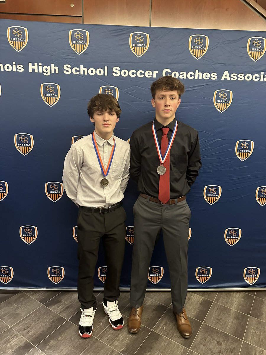 SoccerBeecher's tweet photo. Congrats to our young men who represented Beecher soccer at the IHSSCA awards banquet, @tkramer1222 earned a honorable mention nod while  @loganwilkins06, earned all-sectional. Wences Baumgartner (not pictured) also earned all-sectional honors.  #ihssca #trust #team https://t.co/aLFZfYPtw0