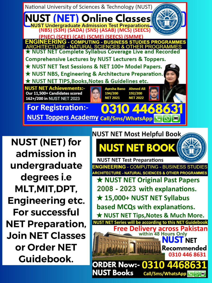 NumsPmc's tweet image. #NUST apply last 4th December.
NUST NET ( Engineering - Business &amp;amp; Architecture - Computing -  Sciences &amp;amp; other programme&apos;s ) Test 2024!
NUST NET Online Classes &amp;amp; Book
#net #nustentrytest #nustentrytestonlinepreparation #nustpastpapers #nustbook #netpastpapers #nust2023 #nust2024