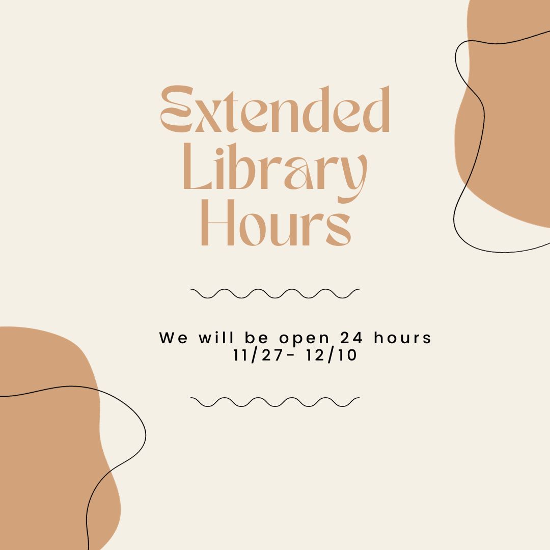 OxLibrary's tweet image. During this period of final projects and exams, the library will be open 24 hours. From today until 12/10 - happy studying! Let any library staff know if you have any questions.