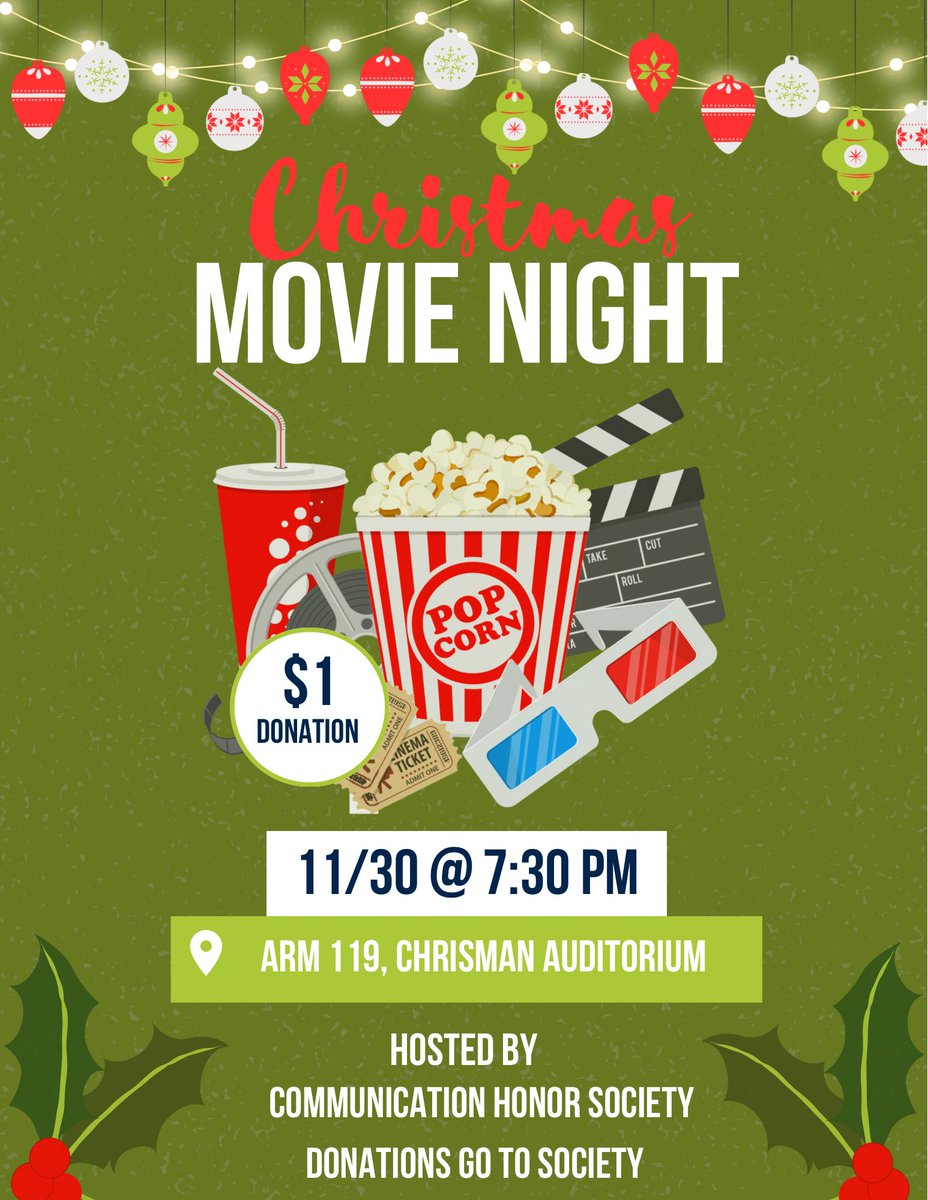 🍿EXTRA CREDIT MOVIE NIGHT🎞️

Join us tonight for the viewing of Nightmare Before Christmas at 7:30 p.m. in Chrisman Auditorium (ARM 119)! 

There will be snacks &amp; hot chocolate to enjoy while watching. Hope to see you there!