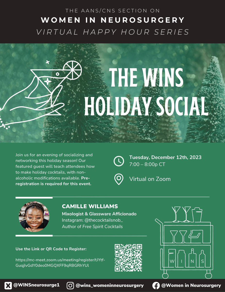 WomenInNSGY's tweet photo. Join us for our WINS Holiday Social! We will be making delicious holiday cocktails (non-alcoholic modifications available). Check out the ingredient list. ALL neurosurgery attendings, fellows, residents, &amp; medical students welcome!🎉🍹🌟

#WomenInNeurosugery #HappyHolidays https://t.co/1cBbdIKpmr