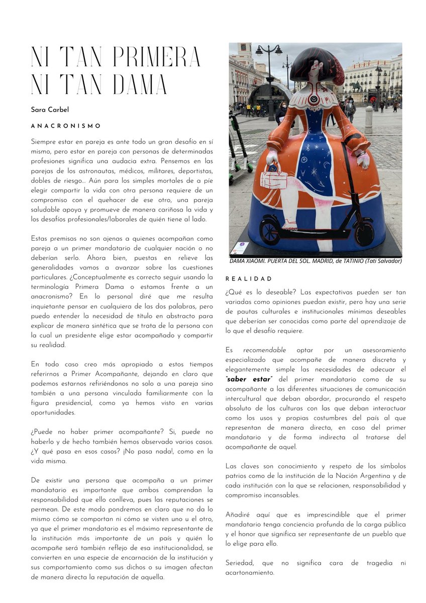 Son días interesantes para quienes seguimos de cerca las temáticas relacionadas al Protocolo, Ceremonial y a la gestión de la Imagen Pública.
Comparto aquí unas líneas sobre mi pensamiento y postura respecto a la figura de Primera Dama.
#ceremial #protocolo #asuncion #precedencia