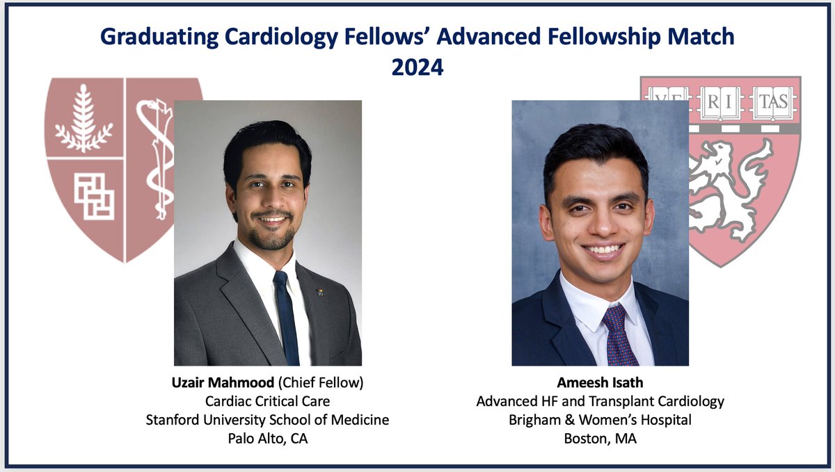 Continuing the tradition of stellar matches, we are very proud to announce that @UzairAMahmood1 will be heading to sunny California for Cards Crit Care @Stanford, while @ameeshisath will be taking his talents to Boston @BrighamWomens for Adv HF & Txp. Congratulations!! 🎊 🎉 🫀