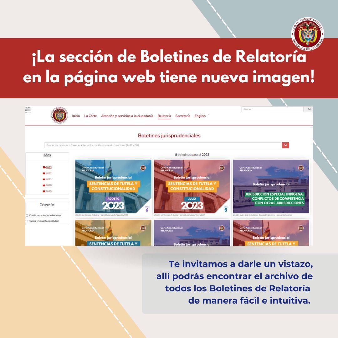 CConstitucional's tweet image. #CorteDigital | ¡La sección de Boletines de Relatoría en la página web tiene nueva imagen!
Conócela: ▶️ corteconstitucional.gov.co/relatoria/bole…