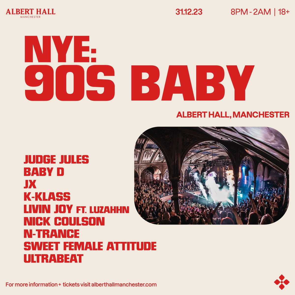 ON SALE NOW: Join us for our New Years Eve celebrations, which are a @Itsthe90sBaby spectacular!  Featuring @RealJudgeJules, JX, @LeanneSweetFA, @chris_ultrabeat, @ntrance, @livinjoy96 Ft Luzahhn, @Kklassuk, @djnickcoulson + more! Tickets: tinyurl.com/2s49c32m