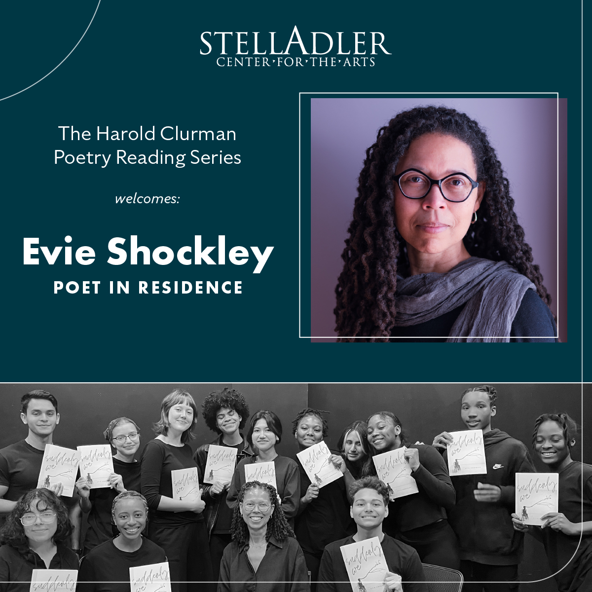 We're thrilled to host Evie Shockley, poet & literary scholar, as poet-in-residence this year. Welcome, Evie! (pictured working with Arts Justice Adler Youth students) @seminewblack