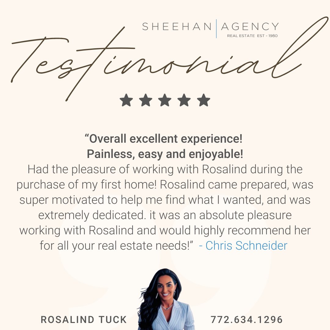 It’s always amazing to receive positive feedback from my clients! 🙌

Rosalind Tuck
772.634.1296
r.tuck@thesheehanagency.com
.
.
.
#ClientFeedback
#RealEstateExcellence
#InvestmentProperties
#JoyfulClients
#sellersagent
#buyersagent
#TheSheehanAgency