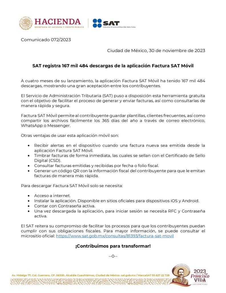 SATMX's tweet photo. #ComunicadoSAT

A noviembre de 2023 la aplicación Factura SAT Móvil ha tenido 167,484 descargas. Esta herramienta permite la generación y el envío de facturas, así como su consulta de manera fácil, rápida y segura. https://t.co/llgJfst6mJ