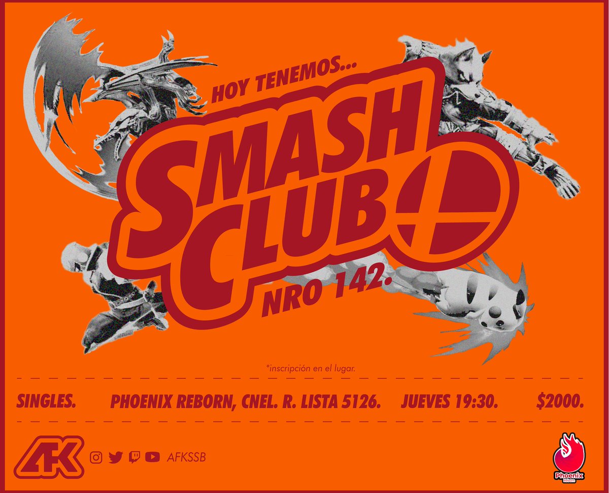 Afkssb's tweet photo. Recuerden que hoy tenemos #SMASHCLUB!!
Lxs esperamos a las 19:30 en Phoenix!
Todavía pueden inscribirse aca:
https://t.co/U4pmq1Ej3z https://t.co/jlmgJ03ETB