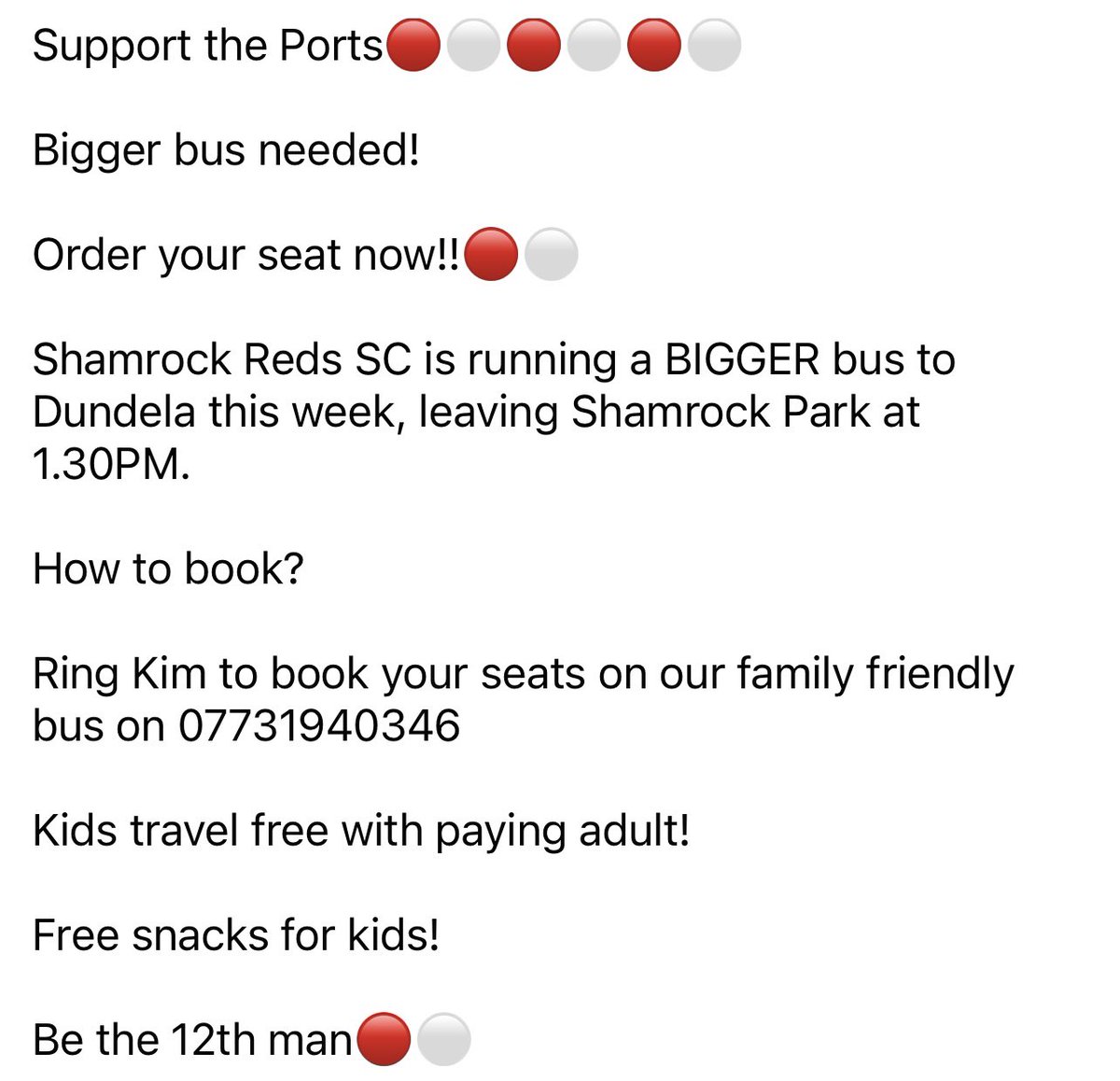 Arrangements for the Shamrock Reds SC bus this Saturday (2nd December) to Wilgar Park where the Ports face Dundela! 👇
