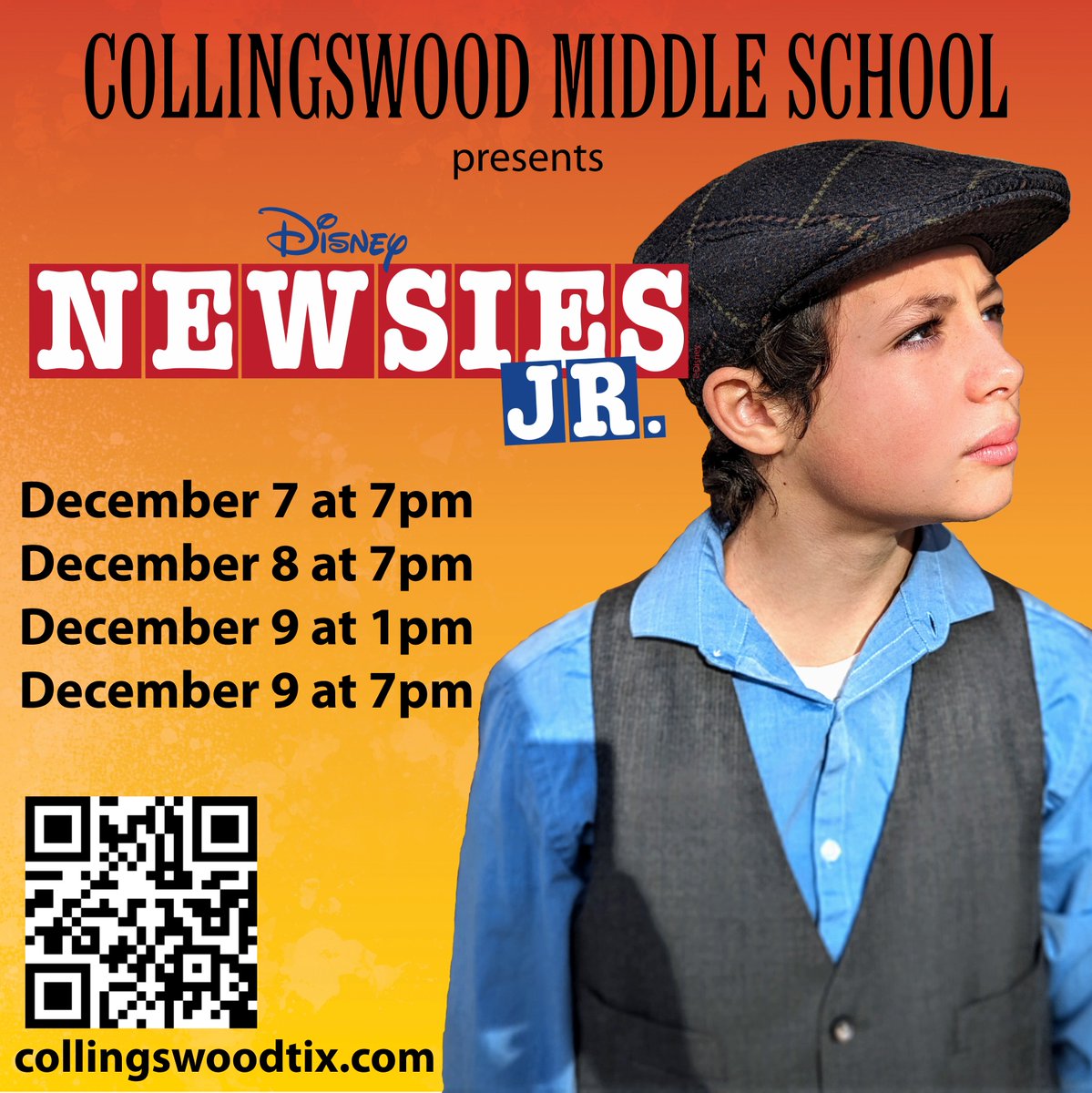 "When the city's finally sleepin', and the moon looks old and gray, I get on the train that's bound for Santa Fe..."

Desmond stars as one of our Jack Kellys in NEWSIES JR! Catch him carrying the banner with the Blue Cast on 12/7 at 7pm and 12/9 at 1pm.

🎟️collingswoodtix.com