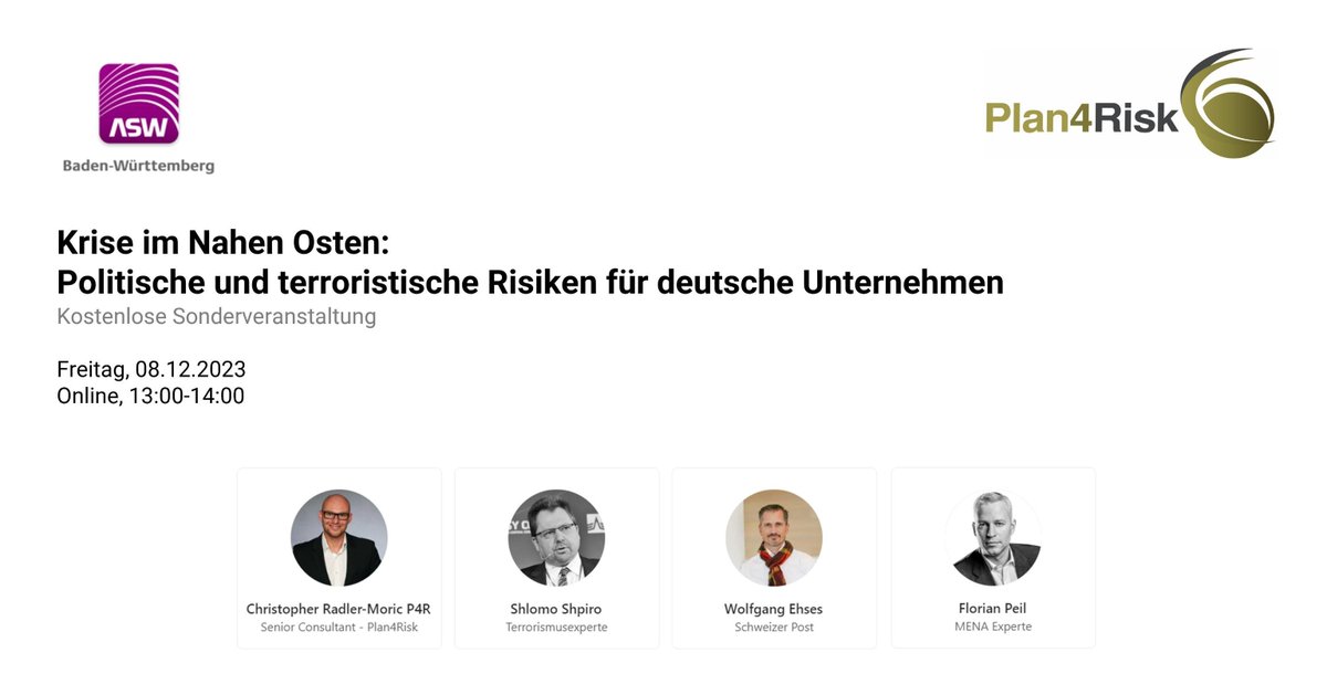 Plan4Risk is hosting a seminar on current political risks for commercial entities in the Middle East. We will discuss planning operations around the actively changing situations. In German.